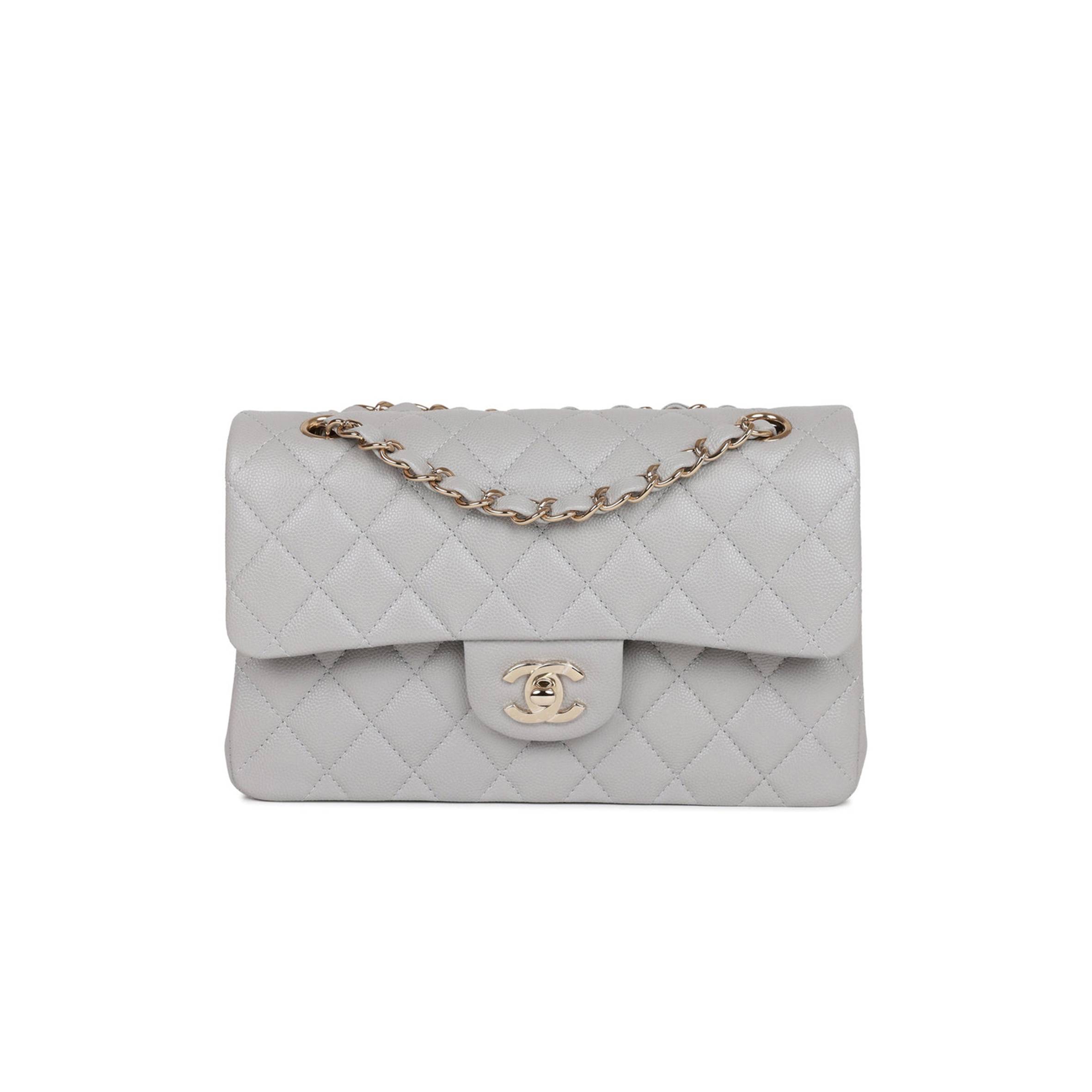 CHANEL SMALL CLASSIC DOUBLE FLAP GREY CAVIAR LIGHT GOLD HARDWARE (23*13*6cm)