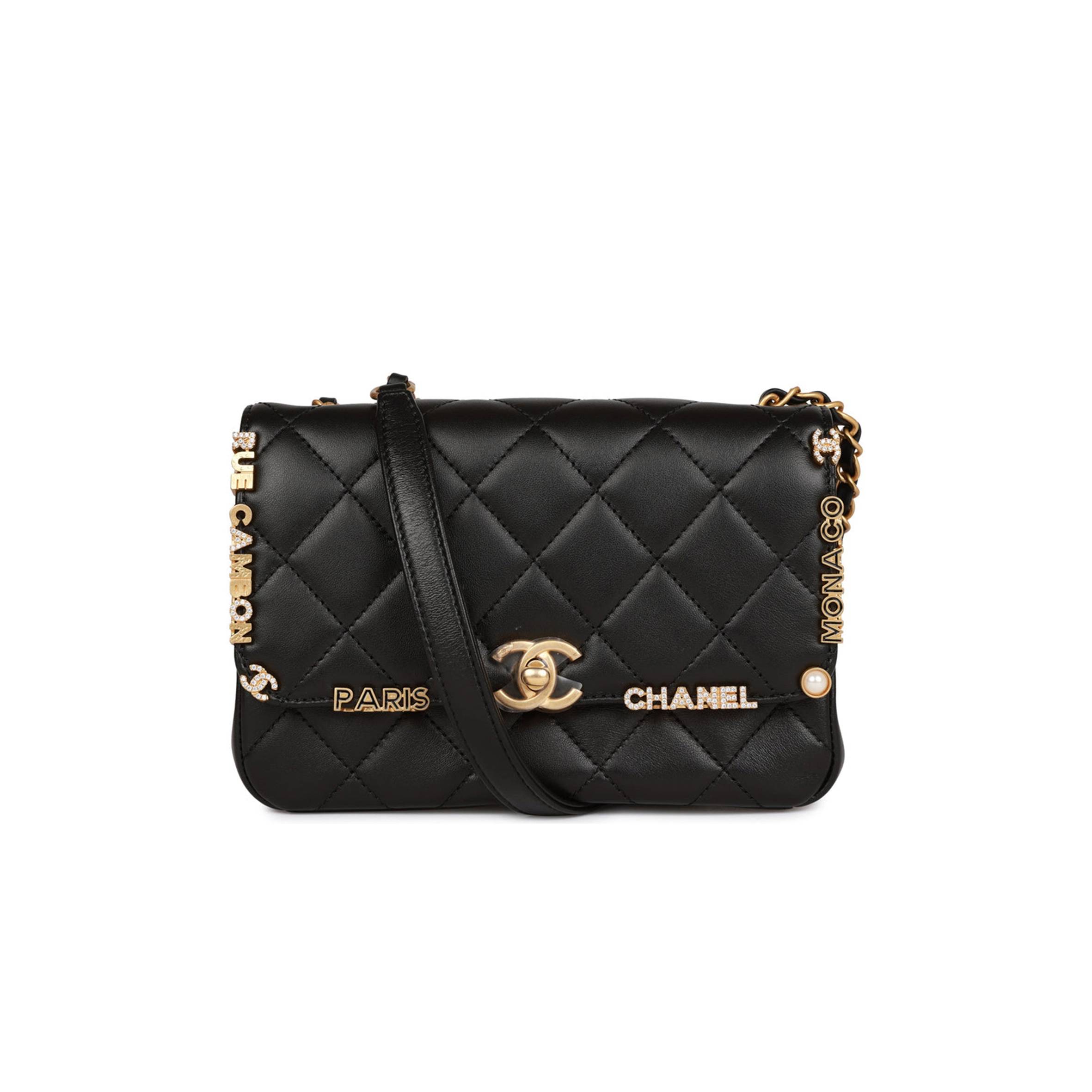 CHANEL MONACO MINI FLAP BAG BLACK LAMBSKIN ANTIQUE GOLD HARDWARE (19*13*8cm)