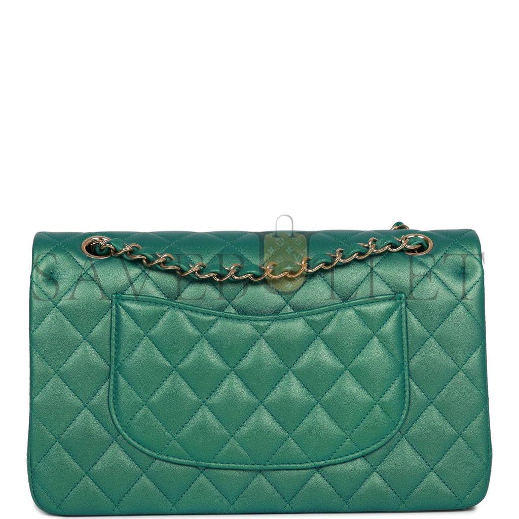 CHANEL MEDIUM CLASSIC DOUBLE FLAP BAG GREEN IRIDESCENT LAMBSKIN LIGHT GOLD HARDWARE (25*15*7cm)