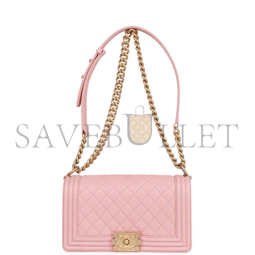 CHANEL MEDIUM BOY BAG PINK CAVIAR ANTIQUE GOLD HARDWARE (25*15*9cm)