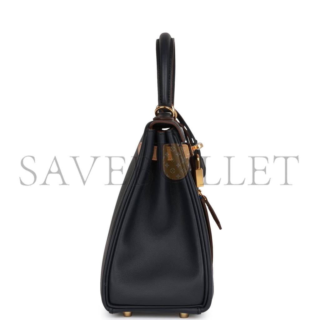 HERMES COLORMATIC KELLY RETOURNE 25 CABAN, BLACK AND CHAI SWIFT GOLD HARDWARE HANDMADE (25cm)