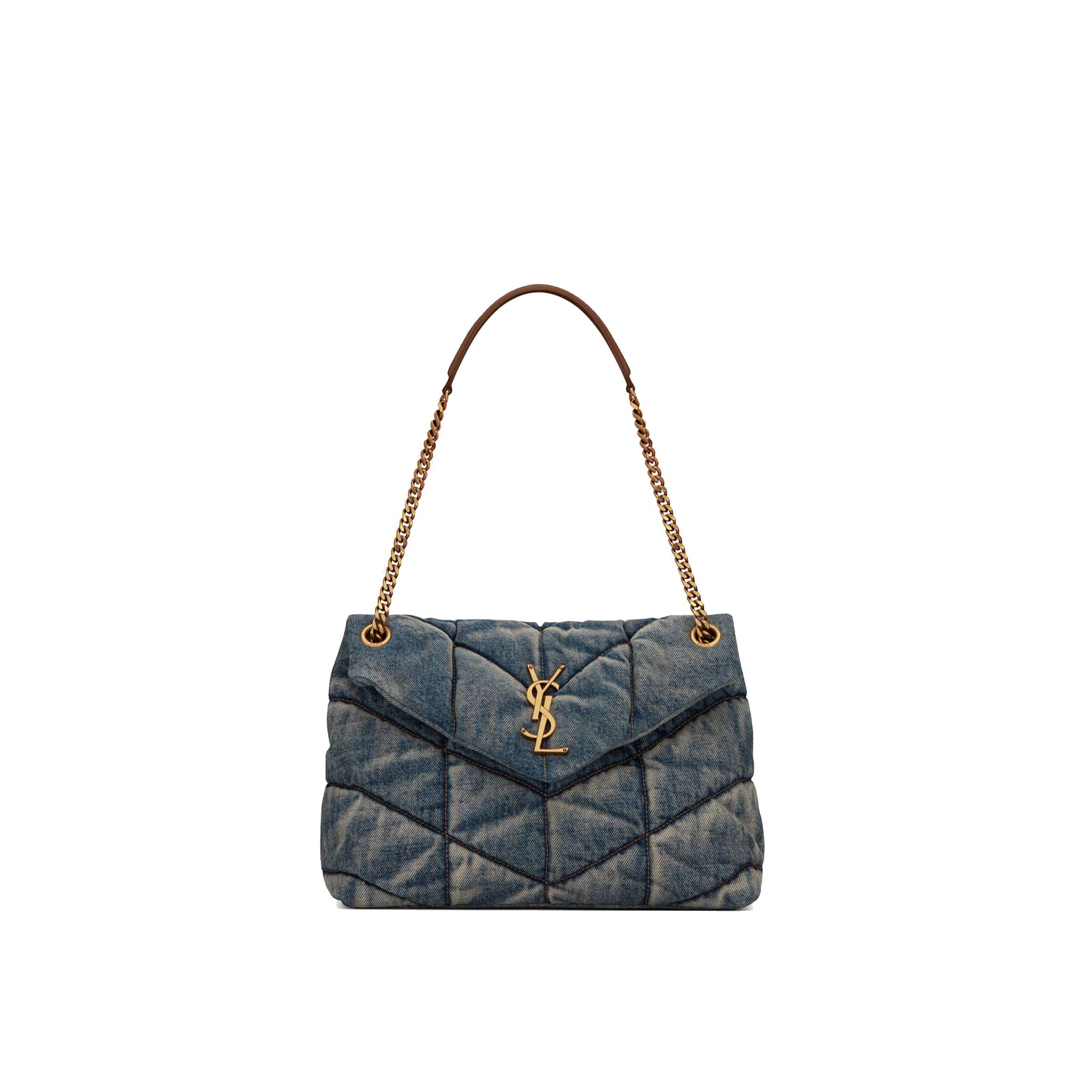 YSL PUFFER MEDIUM CHAIN BAG IN QUILTED VINTAGE DENIM AND SUEDE 5774752PT674575 (35*23*13.5cm)