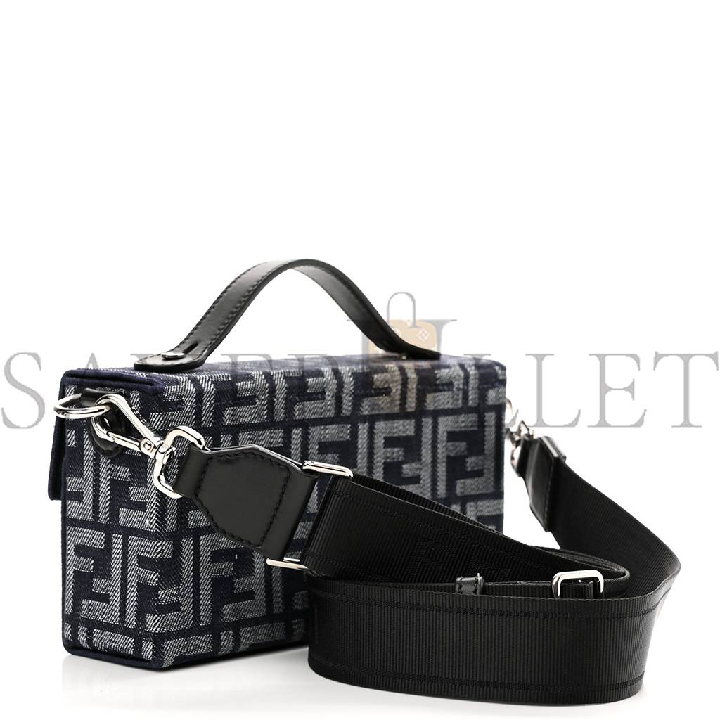 FENDI FABRIC JACQUARD REACTIVE JEAN DENIM VITELLO COVER FF BAGUETTE SOFT TRUNK BLUE BLACK (21*12*6cm)