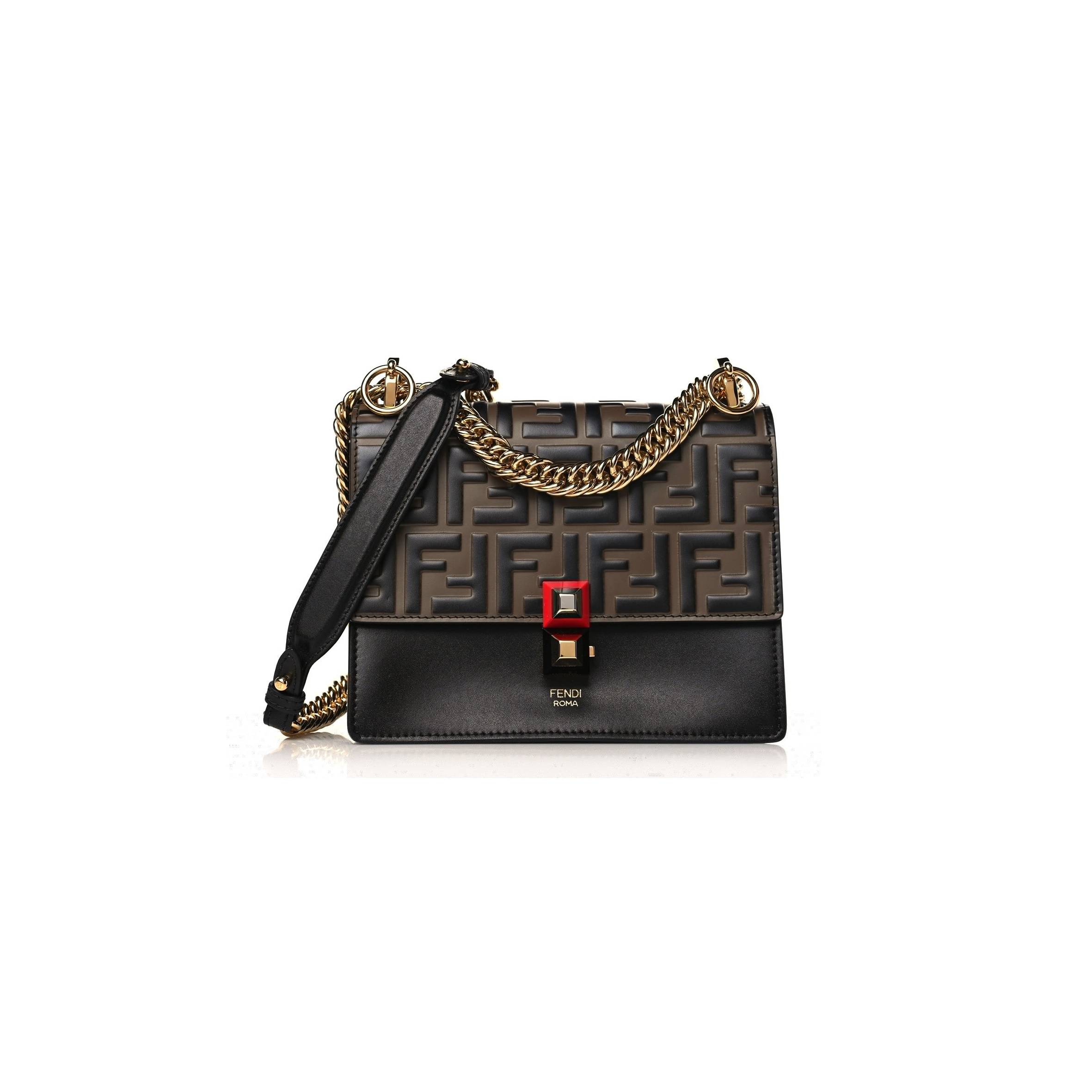 FENDI VITELLO LIBERTY BI-COLOR FF 1974 EMBOSSED SMALL KAN I SHOULDER BAG BLACK MAYA (19*16*9cm)