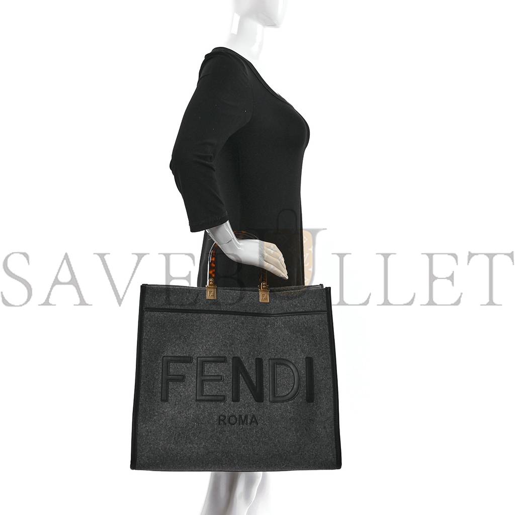 FENDI MELANGE FLANNEL PLEXIGLASS SATIN LOGO EMBROIDERED THREADED EDGE MEDIUM FENDI SUNSHINE SHOPPER TOTE GRIGIO BLACK (40*34*20cm)